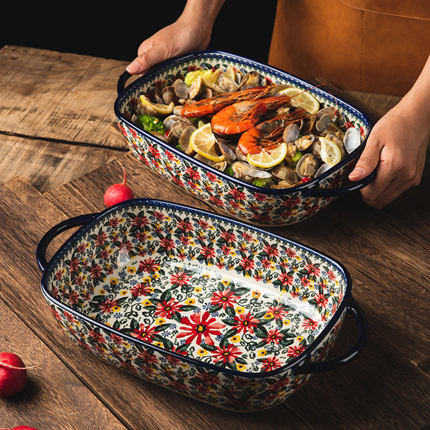 Polish Porcelain Double-eared Rectangular Baking Pan Ceramic Baking Pan Handle Bowl Household Oven Microwave Dinner Set Plates and Dishes